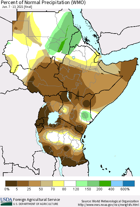 Eastern Africa Percent of Normal Precipitation (WMO) Thematic Map For 6/7/2021 - 6/13/2021