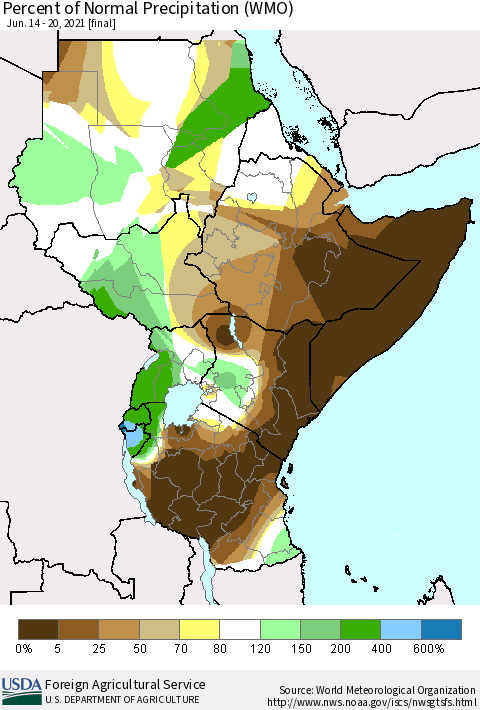 Eastern Africa Percent of Normal Precipitation (WMO) Thematic Map For 6/14/2021 - 6/20/2021