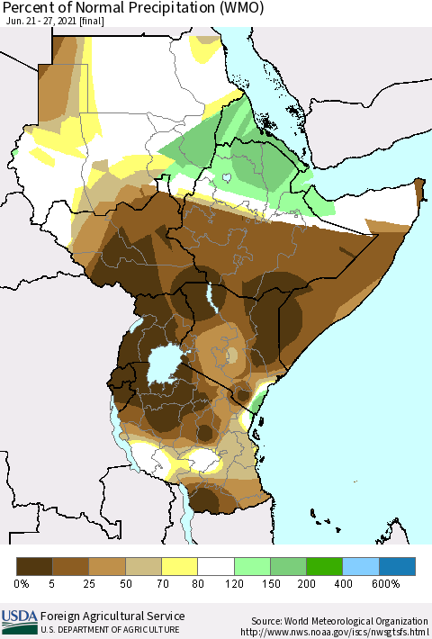 Eastern Africa Percent of Normal Precipitation (WMO) Thematic Map For 6/21/2021 - 6/27/2021