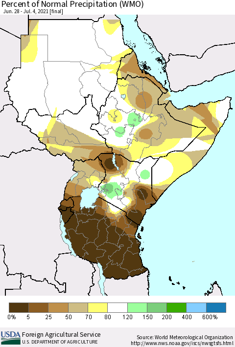 Eastern Africa Percent of Normal Precipitation (WMO) Thematic Map For 6/28/2021 - 7/4/2021