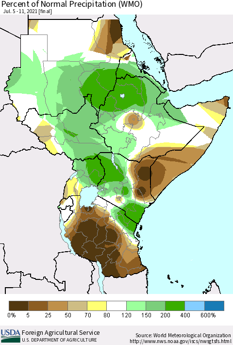 Eastern Africa Percent of Normal Precipitation (WMO) Thematic Map For 7/5/2021 - 7/11/2021