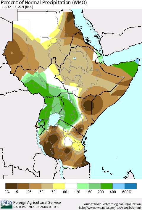 Eastern Africa Percent of Normal Precipitation (WMO) Thematic Map For 7/12/2021 - 7/18/2021