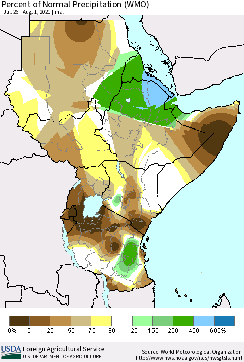 Eastern Africa Percent of Normal Precipitation (WMO) Thematic Map For 7/26/2021 - 8/1/2021