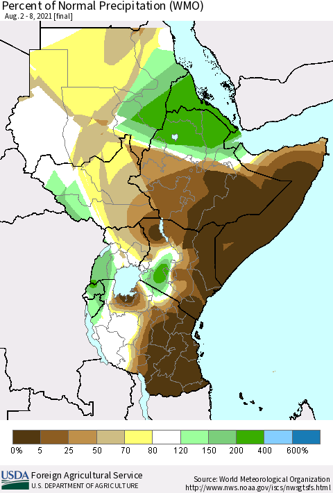 Eastern Africa Percent of Normal Precipitation (WMO) Thematic Map For 8/2/2021 - 8/8/2021