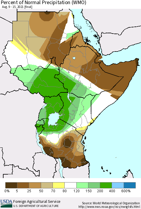 Eastern Africa Percent of Normal Precipitation (WMO) Thematic Map For 8/9/2021 - 8/15/2021
