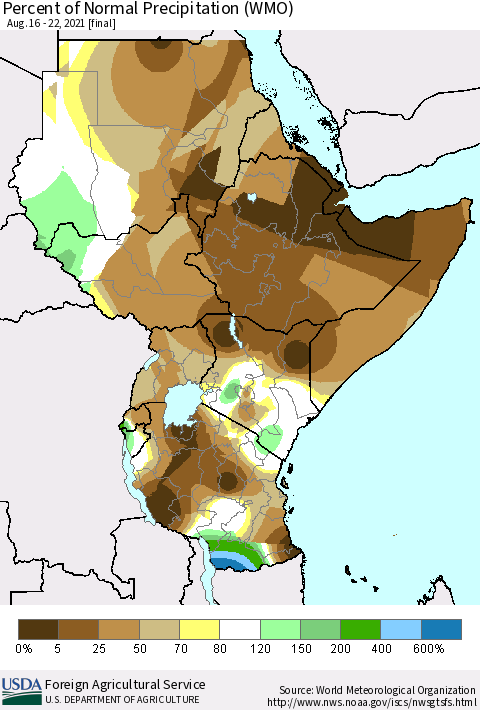 Eastern Africa Percent of Normal Precipitation (WMO) Thematic Map For 8/16/2021 - 8/22/2021