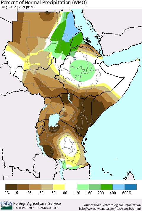 Eastern Africa Percent of Normal Precipitation (WMO) Thematic Map For 8/23/2021 - 8/29/2021