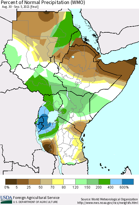 Eastern Africa Percent of Normal Precipitation (WMO) Thematic Map For 8/30/2021 - 9/5/2021