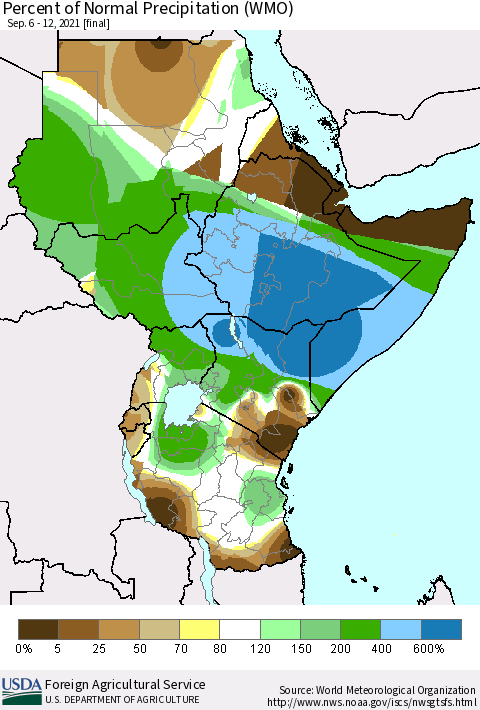 Eastern Africa Percent of Normal Precipitation (WMO) Thematic Map For 9/6/2021 - 9/12/2021