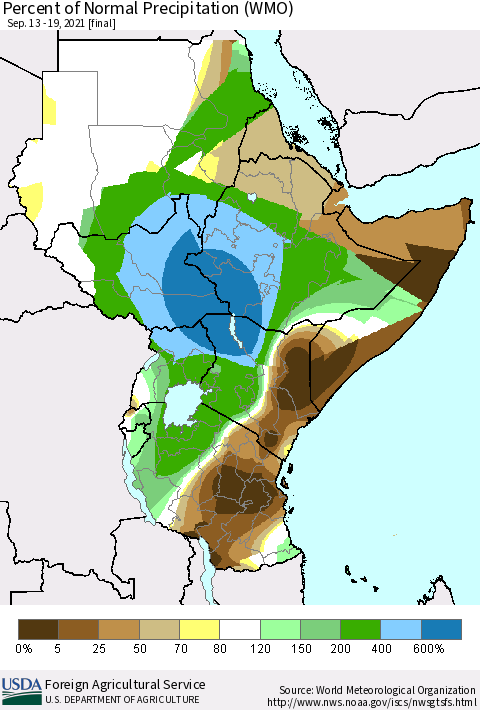 Eastern Africa Percent of Normal Precipitation (WMO) Thematic Map For 9/13/2021 - 9/19/2021