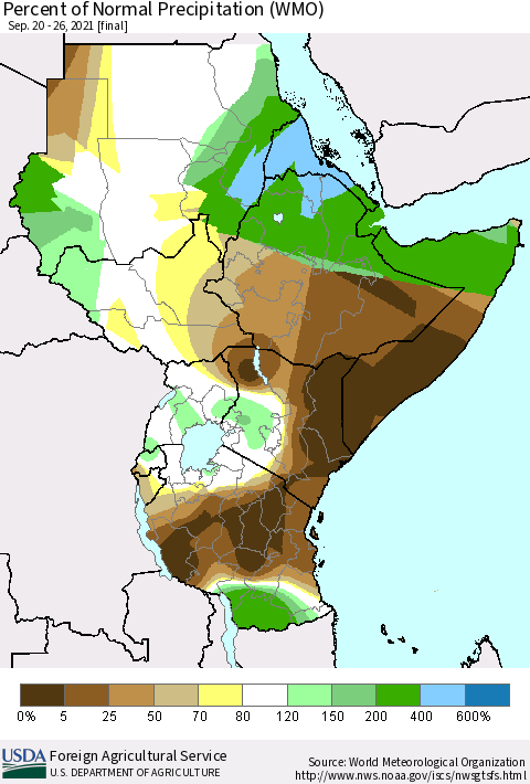 Eastern Africa Percent of Normal Precipitation (WMO) Thematic Map For 9/20/2021 - 9/26/2021
