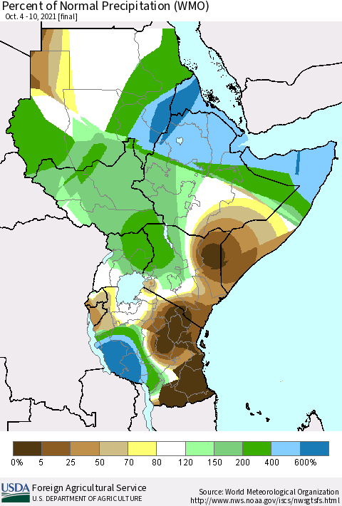 Eastern Africa Percent of Normal Precipitation (WMO) Thematic Map For 10/4/2021 - 10/10/2021