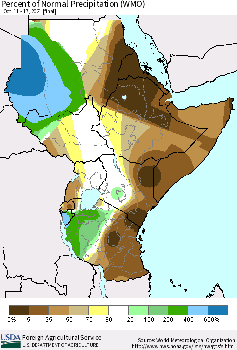 Eastern Africa Percent of Normal Precipitation (WMO) Thematic Map For 10/11/2021 - 10/17/2021