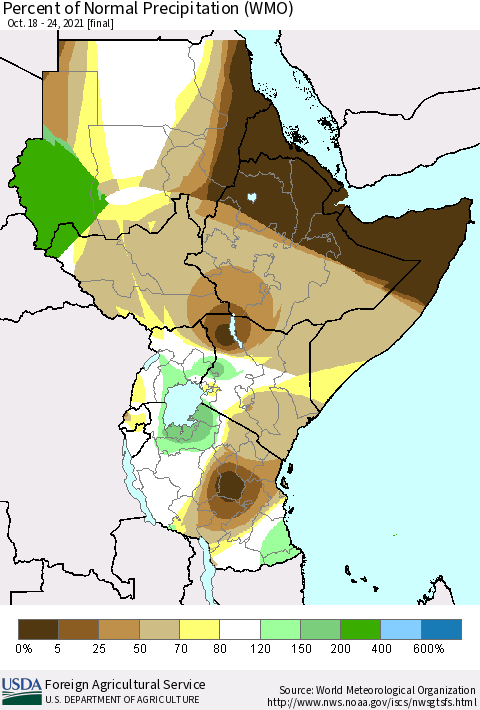 Eastern Africa Percent of Normal Precipitation (WMO) Thematic Map For 10/18/2021 - 10/24/2021