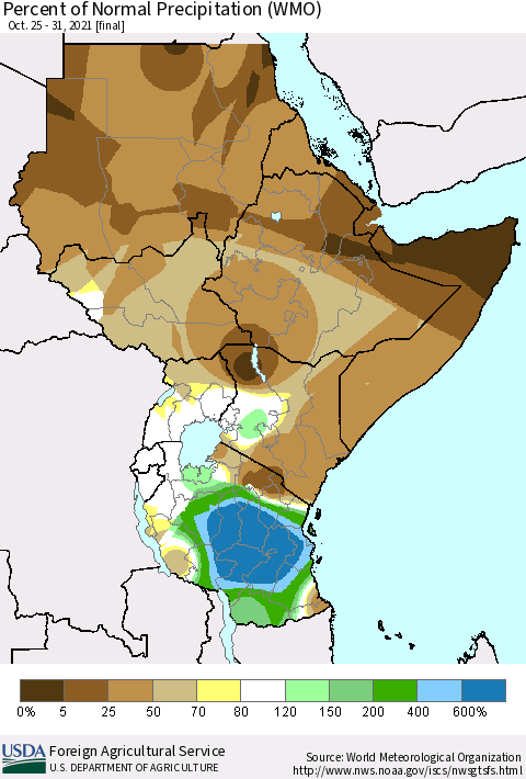 Eastern Africa Percent of Normal Precipitation (WMO) Thematic Map For 10/25/2021 - 10/31/2021