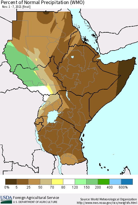 Eastern Africa Percent of Normal Precipitation (WMO) Thematic Map For 11/1/2021 - 11/7/2021