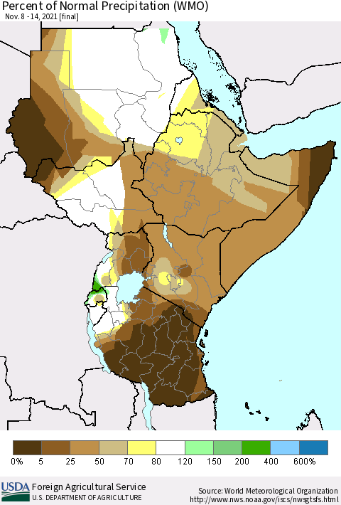 Eastern Africa Percent of Normal Precipitation (WMO) Thematic Map For 11/8/2021 - 11/14/2021