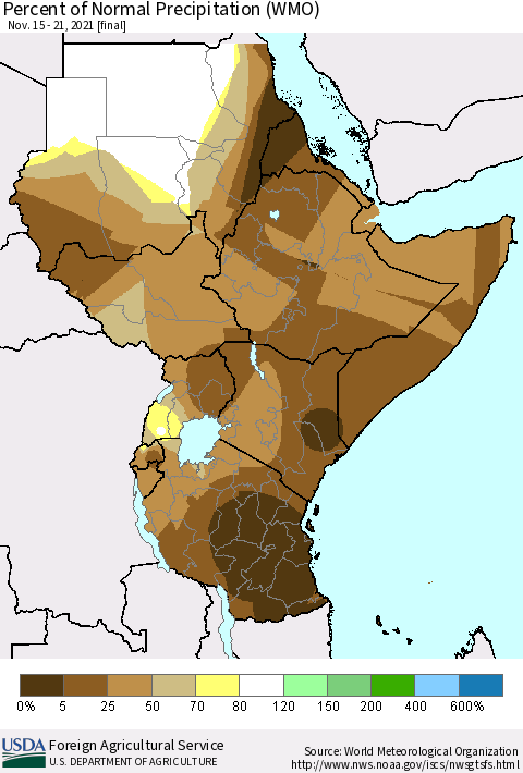 Eastern Africa Percent of Normal Precipitation (WMO) Thematic Map For 11/15/2021 - 11/21/2021