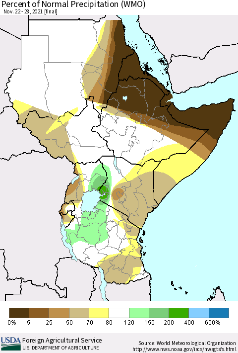 Eastern Africa Percent of Normal Precipitation (WMO) Thematic Map For 11/22/2021 - 11/28/2021