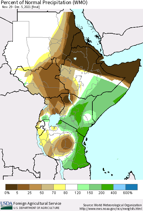 Eastern Africa Percent of Normal Precipitation (WMO) Thematic Map For 11/29/2021 - 12/5/2021