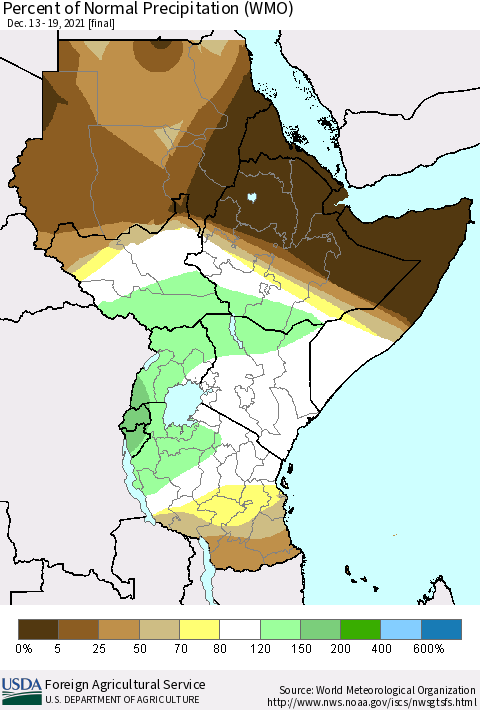 Eastern Africa Percent of Normal Precipitation (WMO) Thematic Map For 12/13/2021 - 12/19/2021