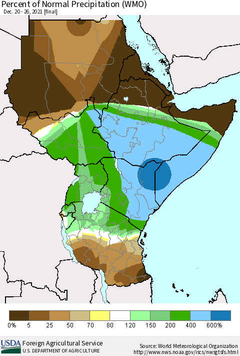 Eastern Africa Percent of Normal Precipitation (WMO) Thematic Map For 12/20/2021 - 12/26/2021