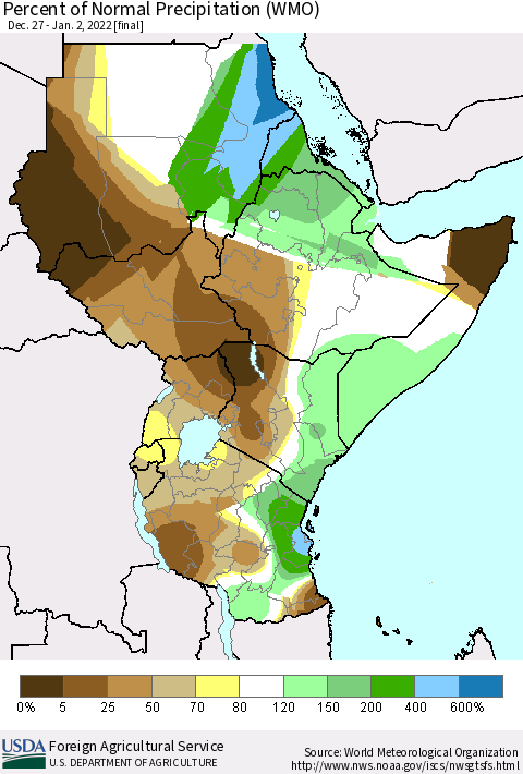 Eastern Africa Percent of Normal Precipitation (WMO) Thematic Map For 12/27/2021 - 1/2/2022