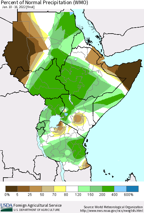 Eastern Africa Percent of Normal Precipitation (WMO) Thematic Map For 1/10/2022 - 1/16/2022