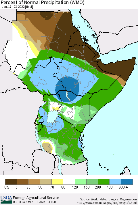 Eastern Africa Percent of Normal Precipitation (WMO) Thematic Map For 1/17/2022 - 1/23/2022