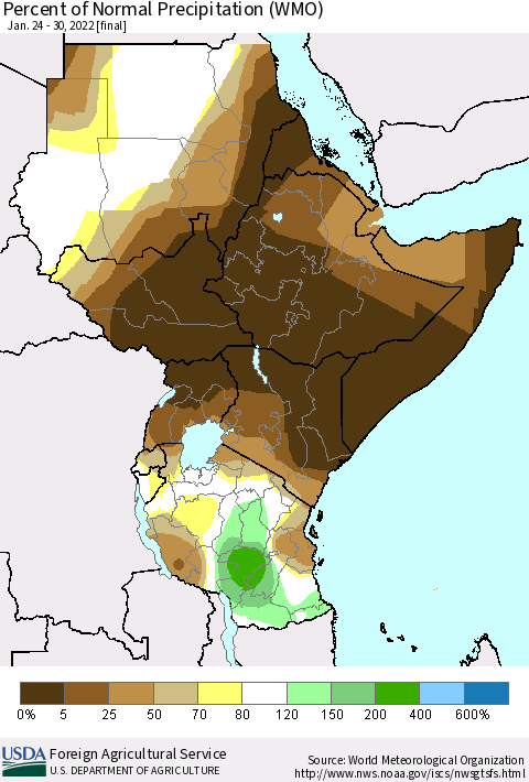 Eastern Africa Percent of Normal Precipitation (WMO) Thematic Map For 1/24/2022 - 1/30/2022