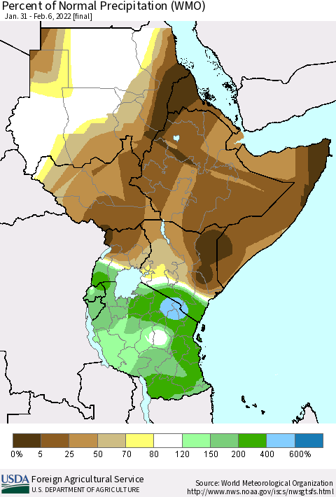 Eastern Africa Percent of Normal Precipitation (WMO) Thematic Map For 1/31/2022 - 2/6/2022