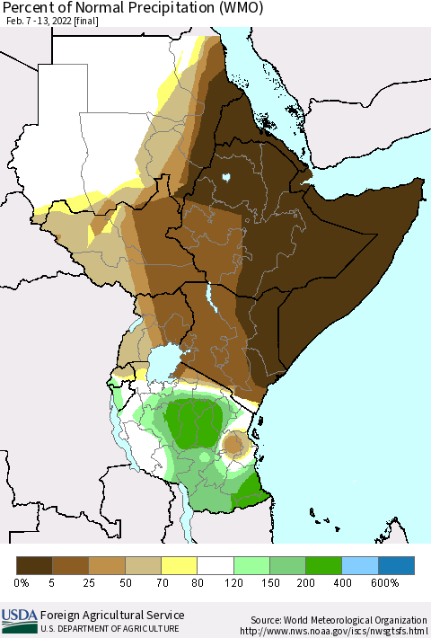 Eastern Africa Percent of Normal Precipitation (WMO) Thematic Map For 2/7/2022 - 2/13/2022