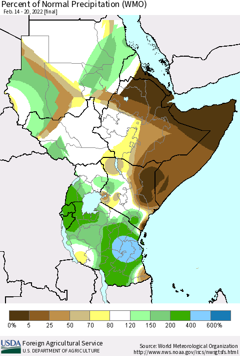 Eastern Africa Percent of Normal Precipitation (WMO) Thematic Map For 2/14/2022 - 2/20/2022