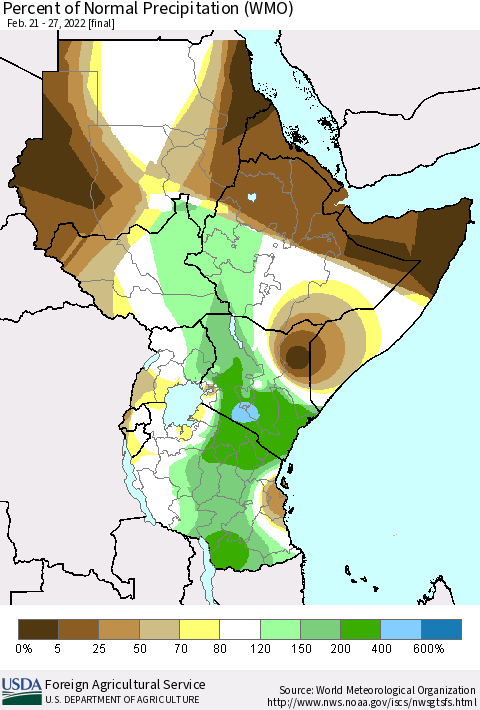 Eastern Africa Percent of Normal Precipitation (WMO) Thematic Map For 2/21/2022 - 2/27/2022