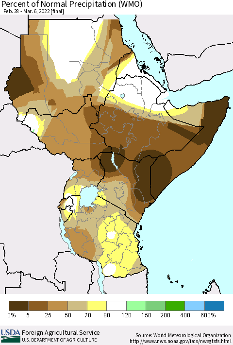 Eastern Africa Percent of Normal Precipitation (WMO) Thematic Map For 2/28/2022 - 3/6/2022