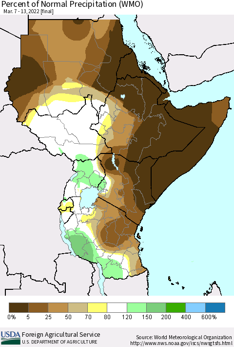 Eastern Africa Percent of Normal Precipitation (WMO) Thematic Map For 3/7/2022 - 3/13/2022