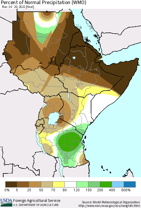 Eastern Africa Percent of Normal Precipitation (WMO) Thematic Map For 3/14/2022 - 3/20/2022