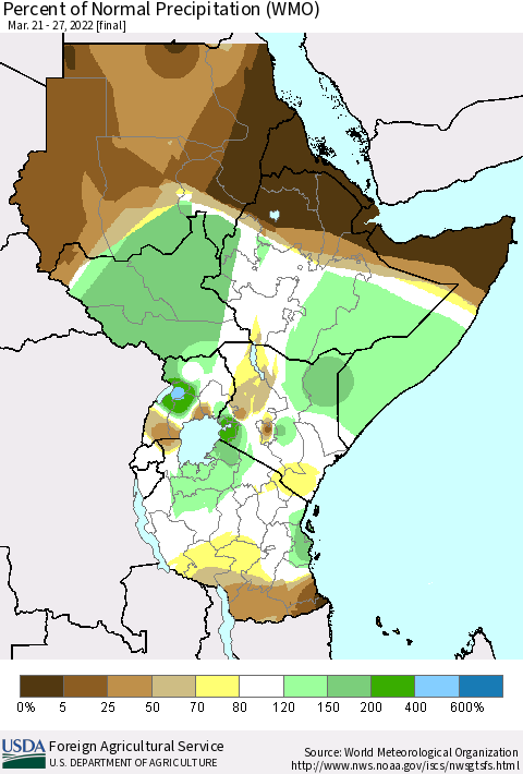 Eastern Africa Percent of Normal Precipitation (WMO) Thematic Map For 3/21/2022 - 3/27/2022