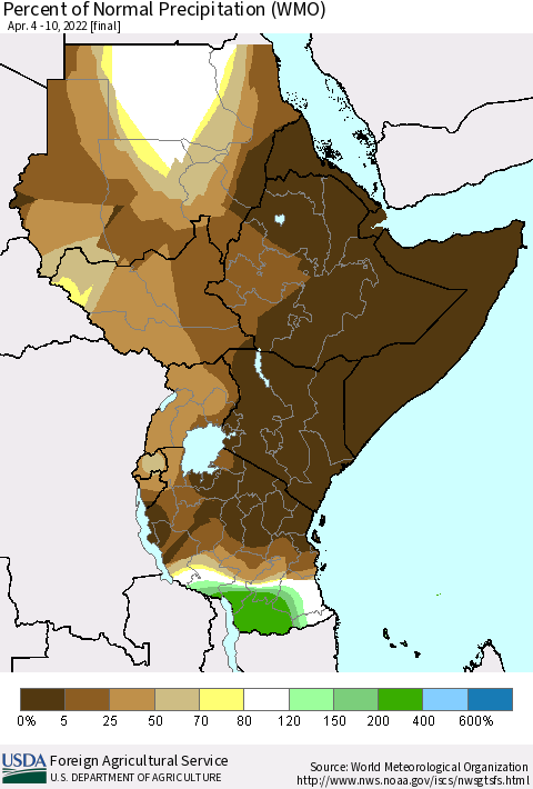 Eastern Africa Percent of Normal Precipitation (WMO) Thematic Map For 4/4/2022 - 4/10/2022