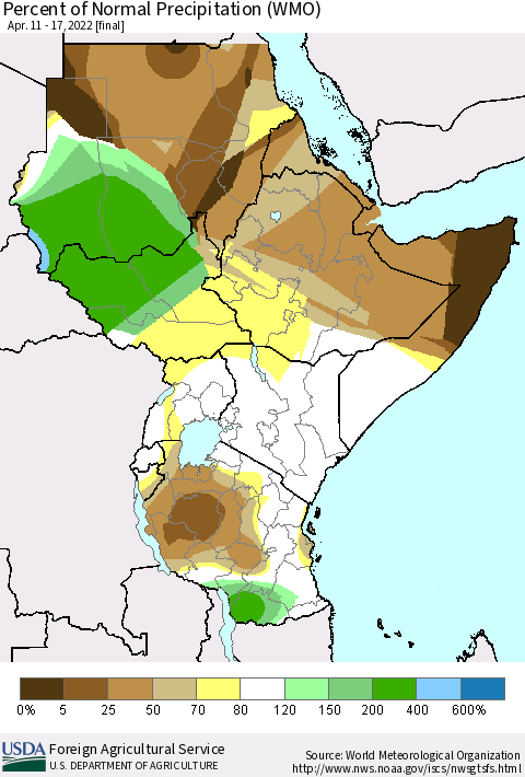 Eastern Africa Percent of Normal Precipitation (WMO) Thematic Map For 4/11/2022 - 4/17/2022