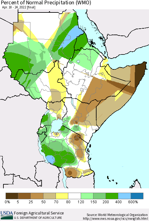 Eastern Africa Percent of Normal Precipitation (WMO) Thematic Map For 4/18/2022 - 4/24/2022