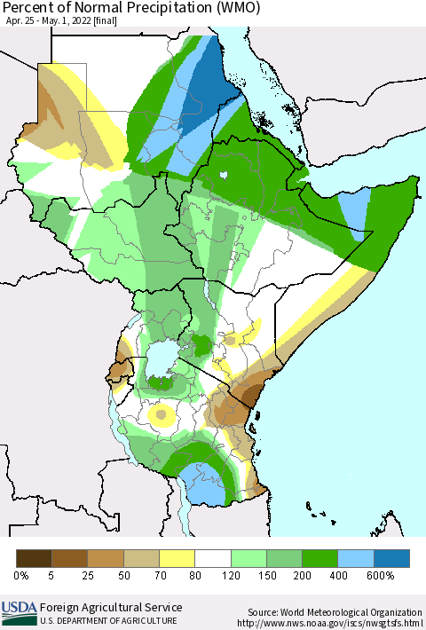 Eastern Africa Percent of Normal Precipitation (WMO) Thematic Map For 4/25/2022 - 5/1/2022