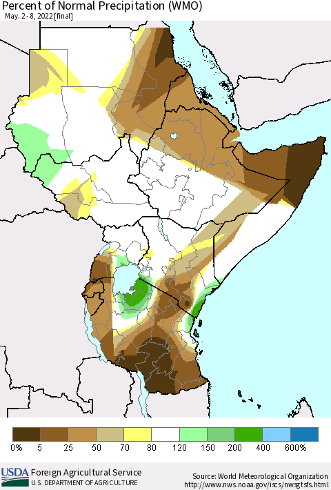 Eastern Africa Percent of Normal Precipitation (WMO) Thematic Map For 5/2/2022 - 5/8/2022