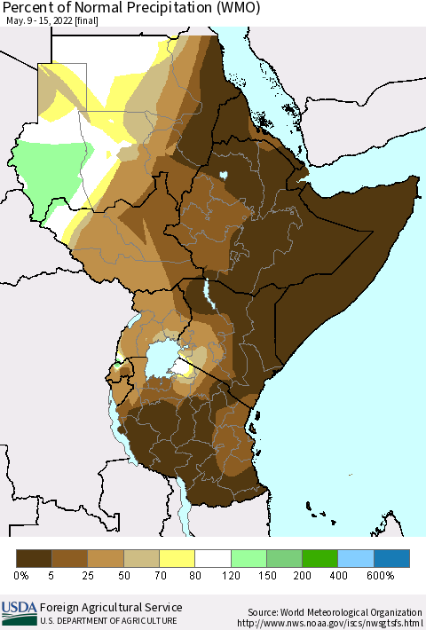 Eastern Africa Percent of Normal Precipitation (WMO) Thematic Map For 5/9/2022 - 5/15/2022