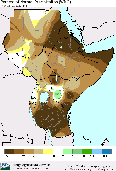 Eastern Africa Percent of Normal Precipitation (WMO) Thematic Map For 5/16/2022 - 5/22/2022