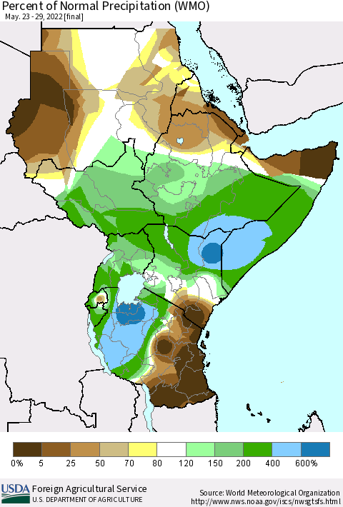 Eastern Africa Percent of Normal Precipitation (WMO) Thematic Map For 5/23/2022 - 5/29/2022