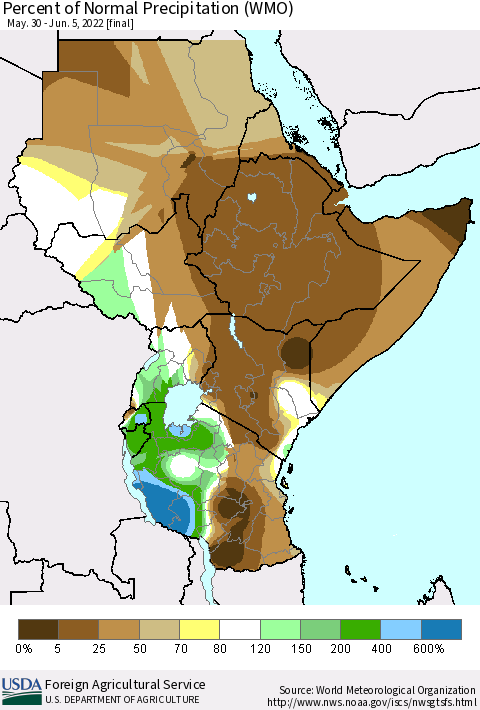 Eastern Africa Percent of Normal Precipitation (WMO) Thematic Map For 5/30/2022 - 6/5/2022