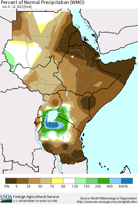 Eastern Africa Percent of Normal Precipitation (WMO) Thematic Map For 6/6/2022 - 6/12/2022