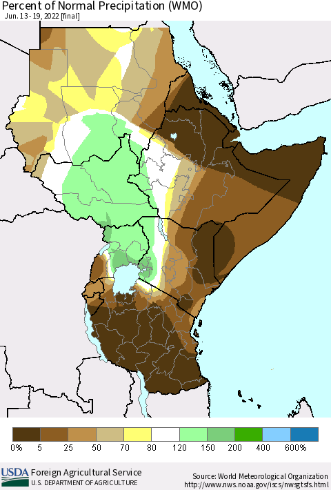 Eastern Africa Percent of Normal Precipitation (WMO) Thematic Map For 6/13/2022 - 6/19/2022