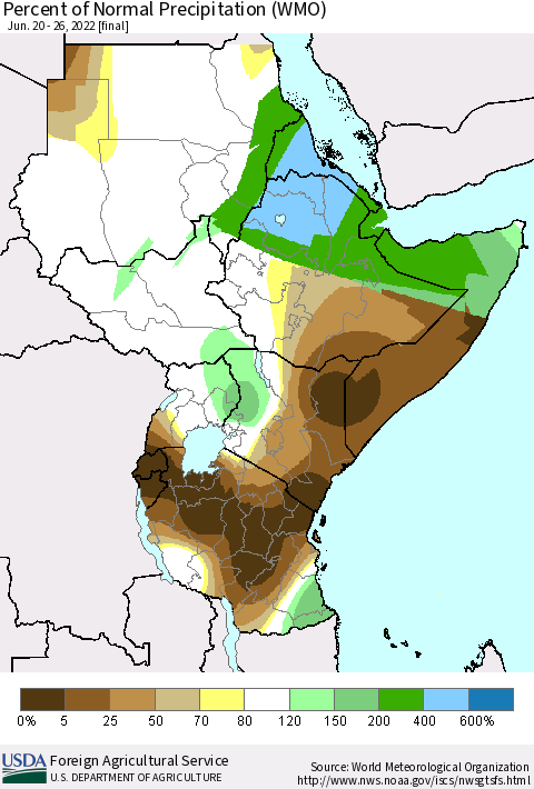 Eastern Africa Percent of Normal Precipitation (WMO) Thematic Map For 6/20/2022 - 6/26/2022